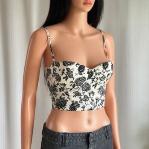Floral Toile Lace Up Corset Bustier Top White Black Cottagecore Coquette Size S